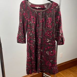 Boden dress. Great pattern with pinks, dark gray, velvet trim US10R